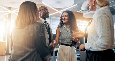 Buy stock photo Meeting, handshake and business people in office for partnership, agreement and thank you. Corporate, teamwork and happy men and women shaking hands for collaboration, success and b2b networking