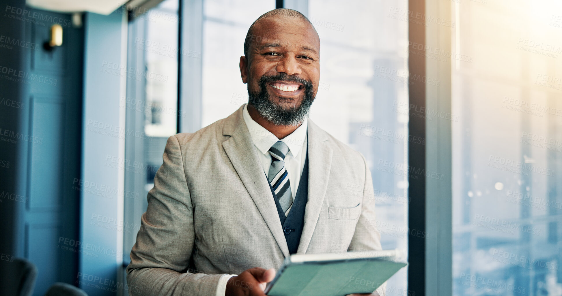 Buy stock photo Mature African man, tablet and office with smile, portrait and excited for investing, results and stock market. Person, happy and touchscreen with trading, app and research at finance agency in Kenya