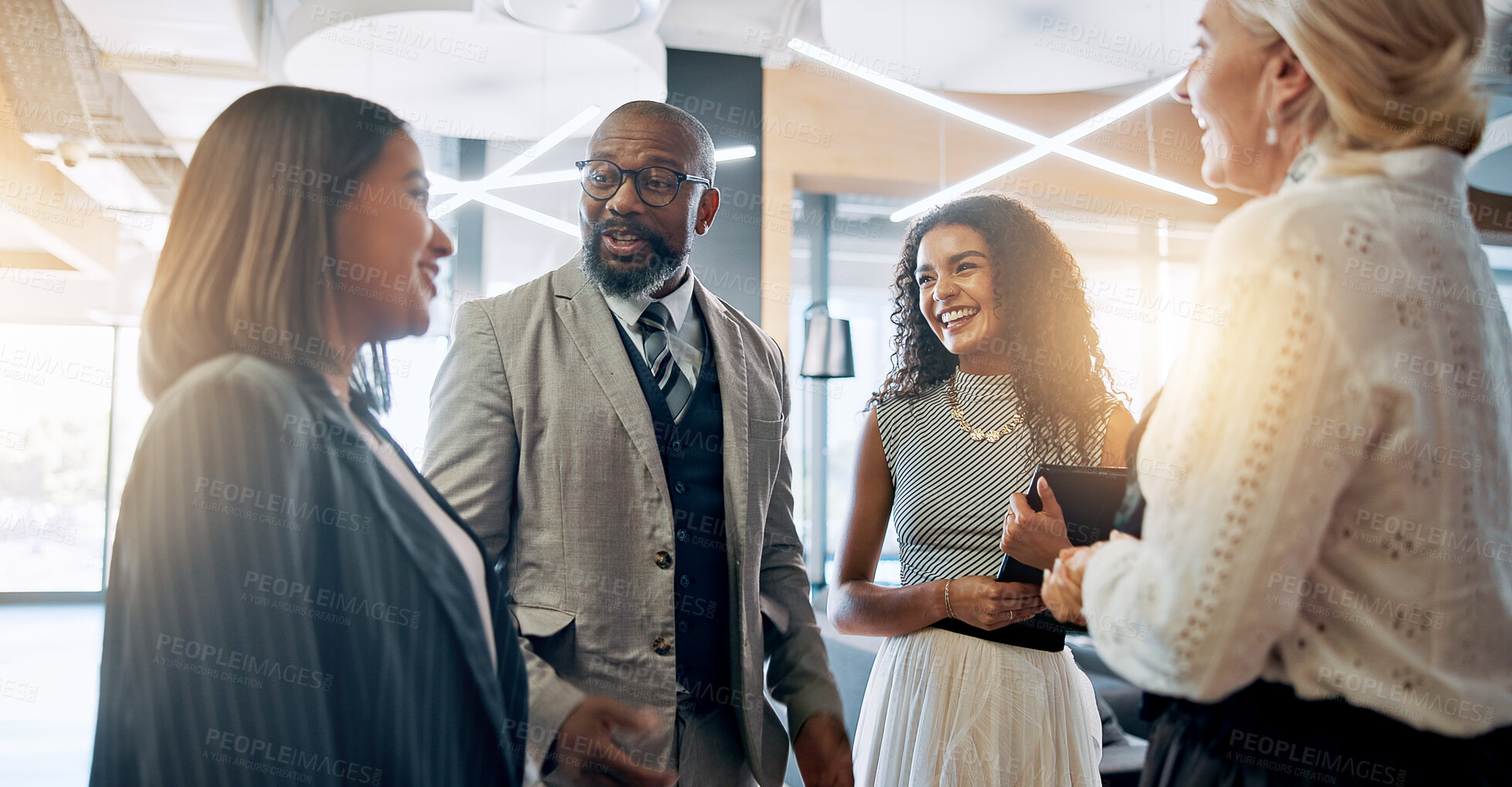 Buy stock photo Discussion, smile and business people in lobby for teamwork, schedule update or conference hall advice. Staff, project and keynote speaker in meeting for networking, seminar or career event review
