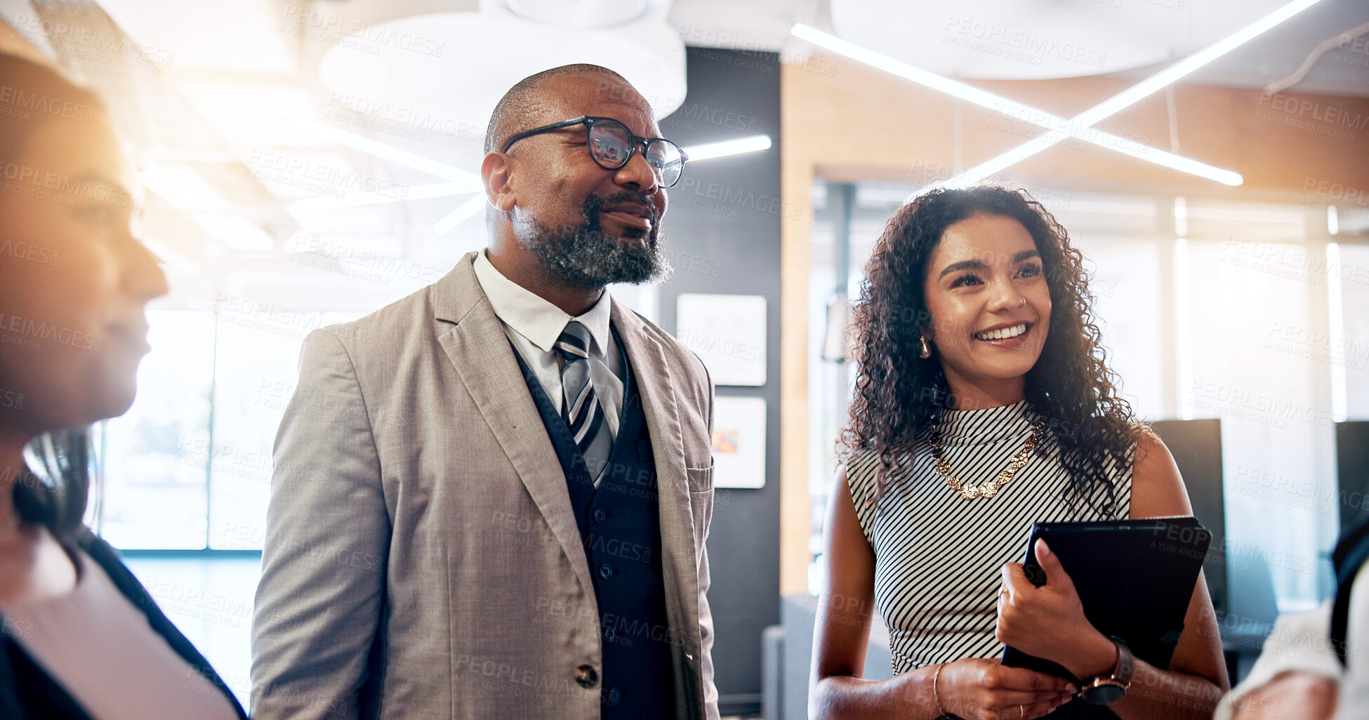 Buy stock photo Discussion, smile and business people in lobby for project, schedule update or conference hall advice. Staff, teamwork and keynote speaker in meeting for networking, seminar or career event review