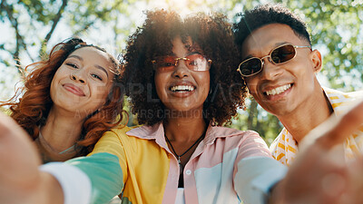 Buy stock photo Holiday, happy people and friends in park for selfie together for fashion, bonding or reunion. Gen z, social media influencer or men with women in outdoor nature for picture POV, vacation or hangout