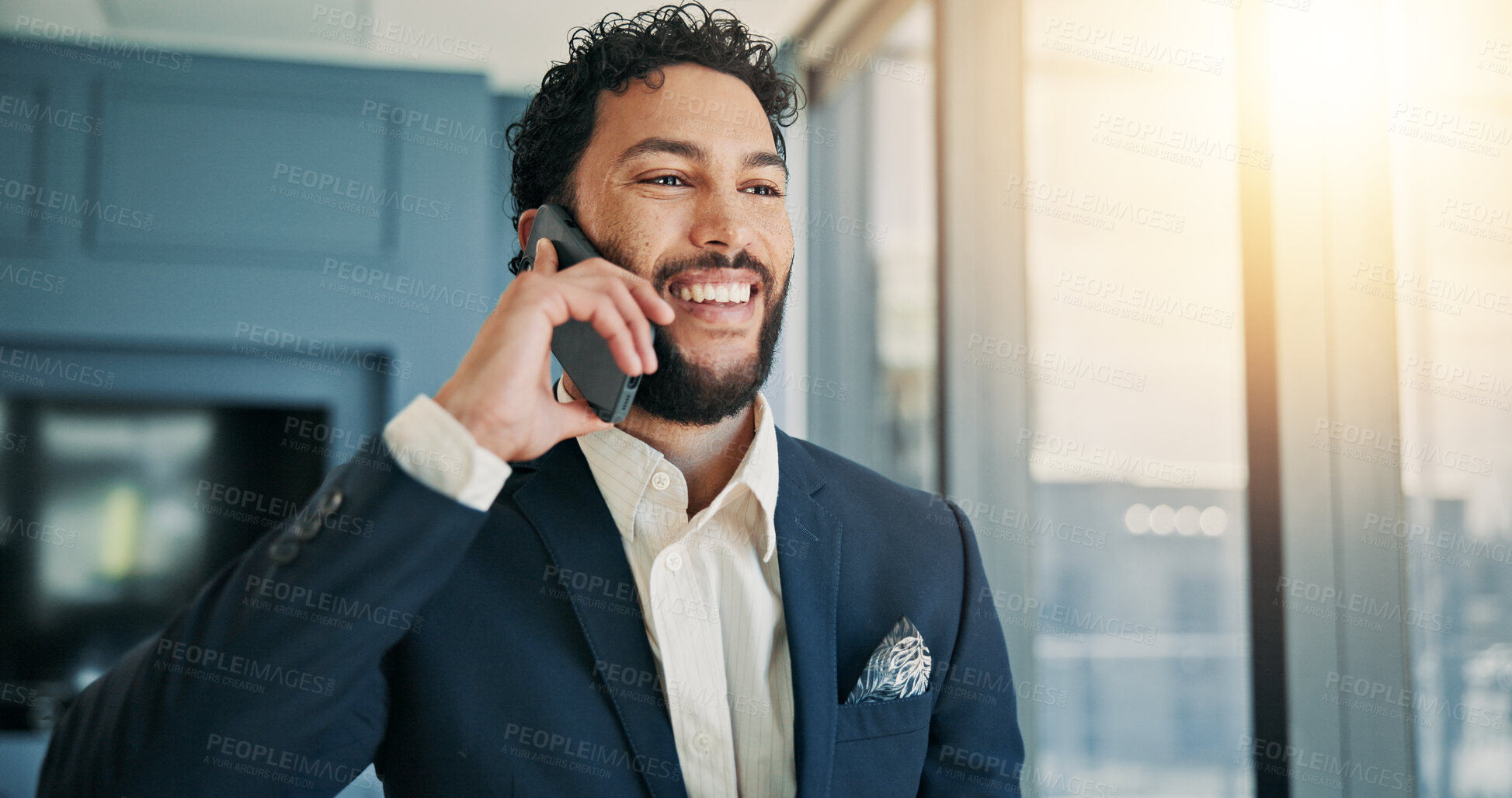 Buy stock photo Business, man and happy with phone call in office for corporate proposal, investment update and negotiation. Financial analyst, contact and speaking to investor for good news and funding feedback