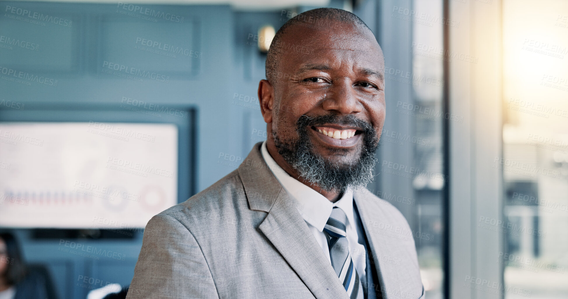 Buy stock photo Business CEO, black man and happy with portrait in office for company management and finance development. Financial director, mature employer and smile for corporate confidence, pride and about us