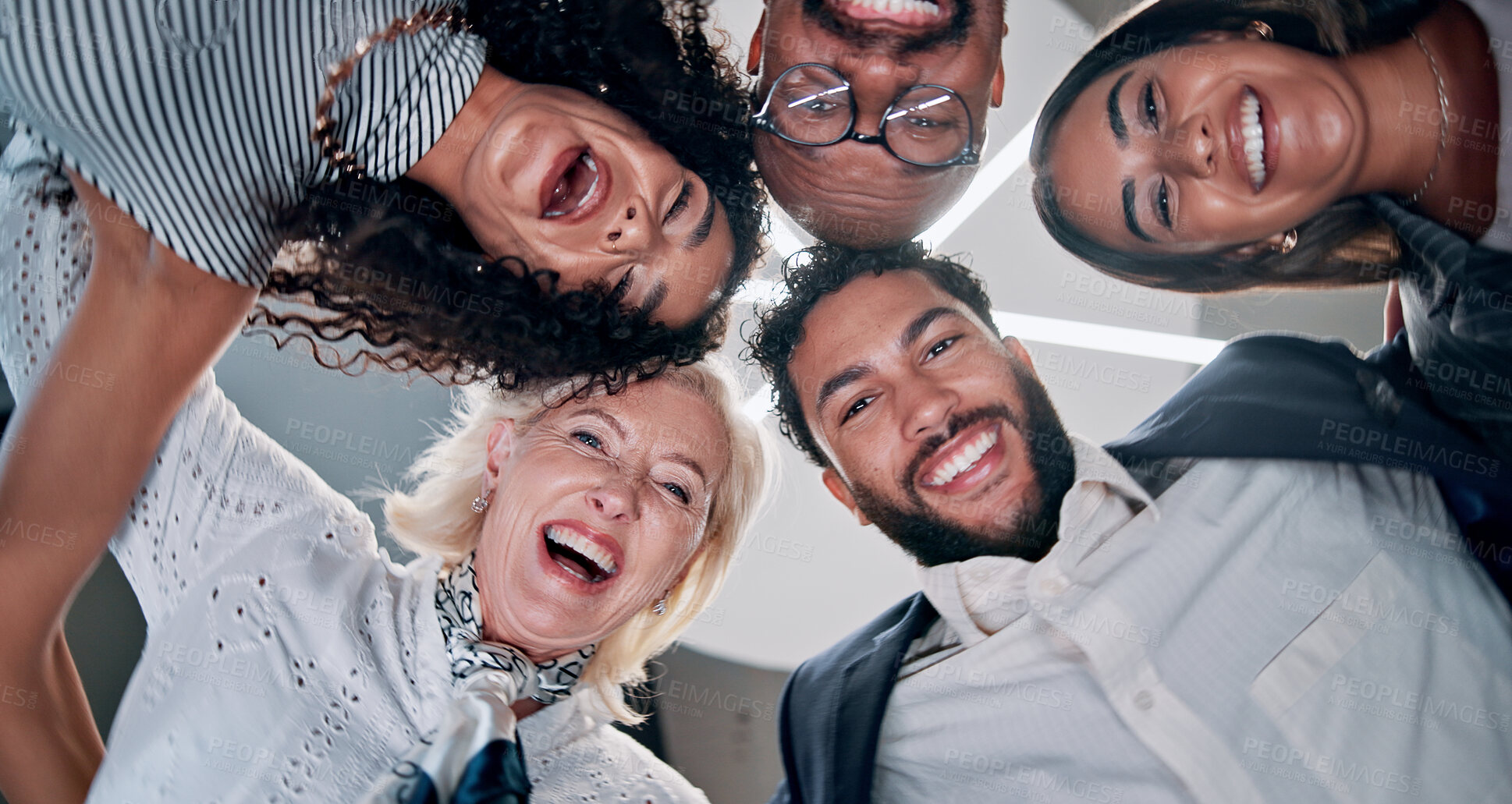 Buy stock photo Business, people and portrait with huddle in circle for corporate support, team building or solidarity. Low angle, finance group or laughing together for diversity community, synergy or collaboration