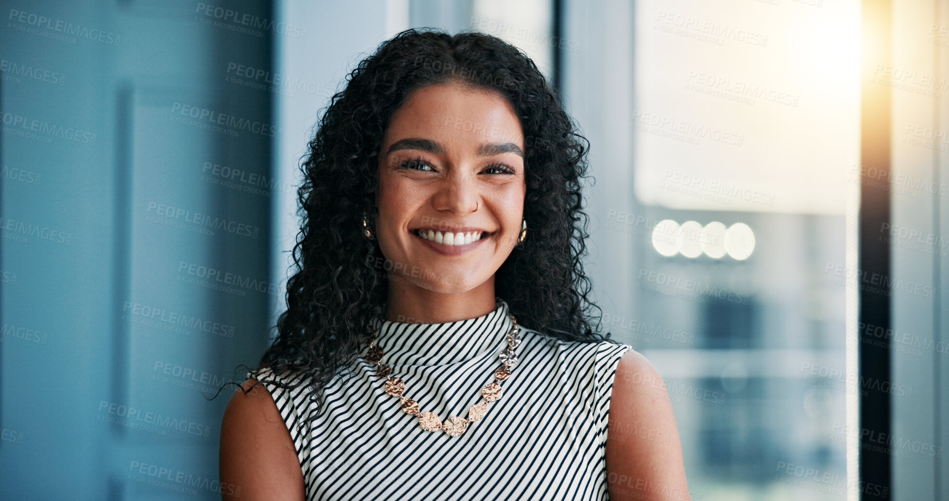 Buy stock photo Business, woman and portrait with smile in office for legal career, government service and confidence. Happy, lawyer and pride by window for about us, ambition and corporate professional at law firm