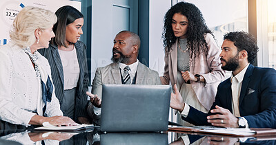 Buy stock photo Business people, laptop and meeting with discussion for company performance, report or review at office. Group, paperwork or analytics with graph, chart or project statistics for finance at workplace