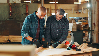 Buy stock photo Carpentry, planning and men in workshop for woodwork on furniture, restoration and lumber manufacturing. Construction, measure and carpenters in meeting with planks, timber and board for renovation