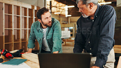 Buy stock photo Manufacturing, carpenter or people on laptop in workshop for factory, check inventory or furniture production. Woodworking, carpentry and online update for timber, lumber and construction business 