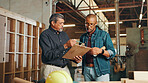 Clipboard, teamwork or people in carpentry factory for factory, check inventory or furniture production. Woodworking, carpenter or project progress update for timber, lumber or construction business