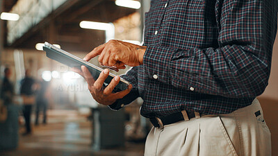 Buy stock photo Hands, man and carpenter with tablet in workshop for manufacturing and furniture production. Carpentry, person and digital technology in factory for construction, building and check woodwork design