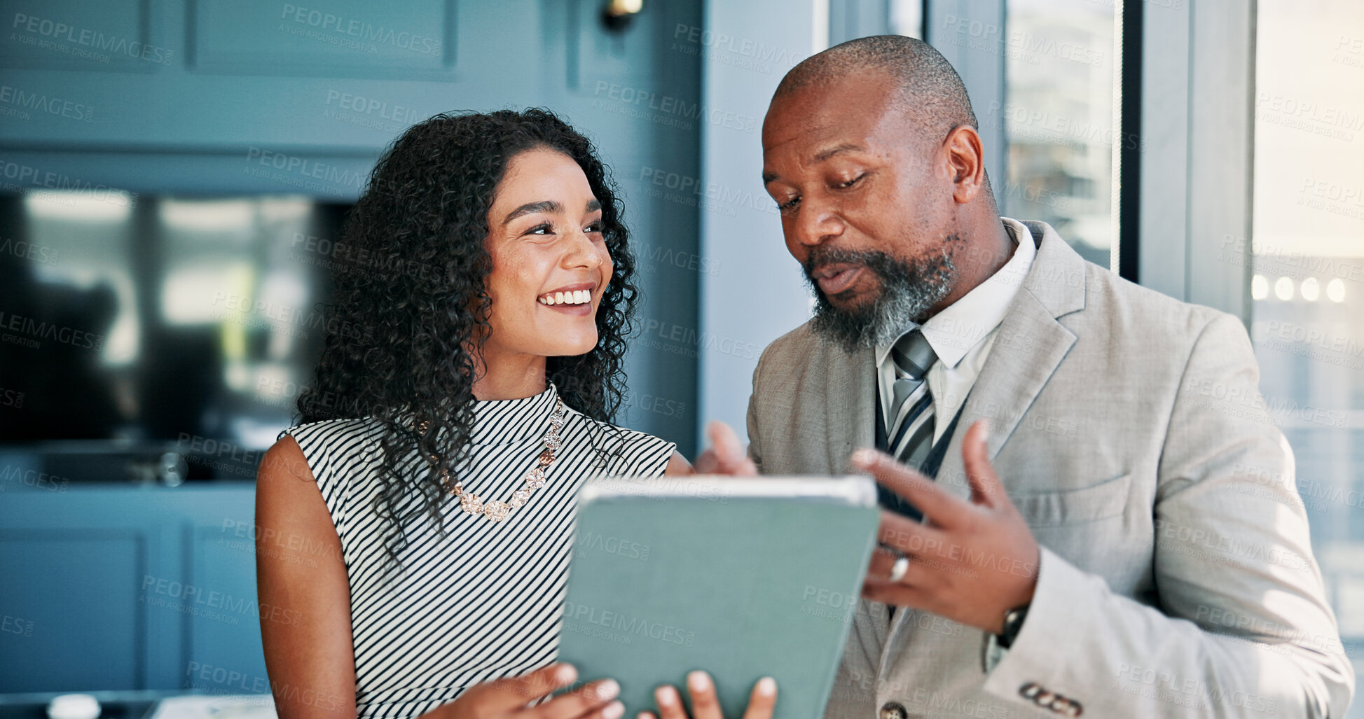 Buy stock photo Corporate, people and talk on tablet in office with teamwork, budget plan and financial report. Staff, mature investor and digital for research, schedule update and investment feedback of negotiation