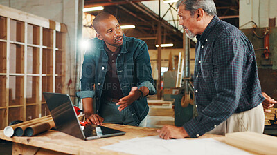 Buy stock photo Talking, carpenter or people on laptop in warehouse for factory, check inventory or furniture production. Woodworking, carpentry and online update for timber supply, lumber and construction business