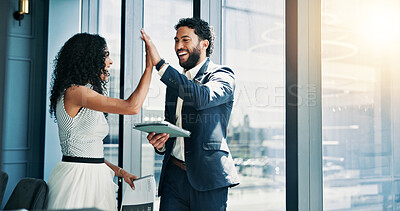 Buy stock photo Woman, man and high five with tablet in office, finance and celebration with profit at company. Business people, team and success with documents, trading and results with revenue at investment agency