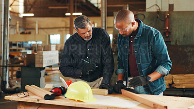 Buy stock photo Labor, teamwork or men in woodworking workshop for factory, building craft or engineering production. Warehouse, carpenter and people drawing project design for timber, lumber or construction plan