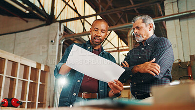 Buy stock photo Production, blueprint or people in carpentry workshop for factory, check inventory or manufacturing. Woodworking, low angle and planning furniture design for timber, lumber and construction business