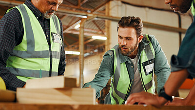 Buy stock photo Production team, woodwork or people in carpentry workshop for factory, warehouse or manufacturing. Building, carpenter and men planning furniture design for timber, lumber and construction business