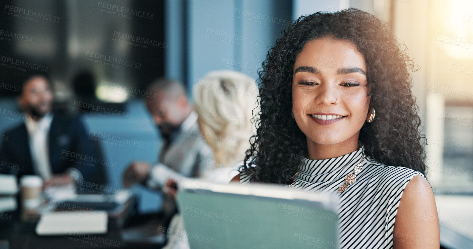 Buy stock photo Happy, corporate and woman on tablet in office as accountant, budget plan and financial report. Smile, person and digital for research, schedule update and investment feedback of negotiation proposal