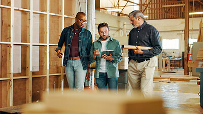 Buy stock photo Teamwork, engineering or people on tablet in woodwork workshop for factory, warehouse or manufacturing. Planning, carpentry and men with online update for timber, lumber and construction business