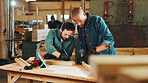Woodwork, teamwork or men in carpentry workshop for factory, building craft or furniture production. Engineering, carpenter or people drawing project design for timber, lumber or construction plan