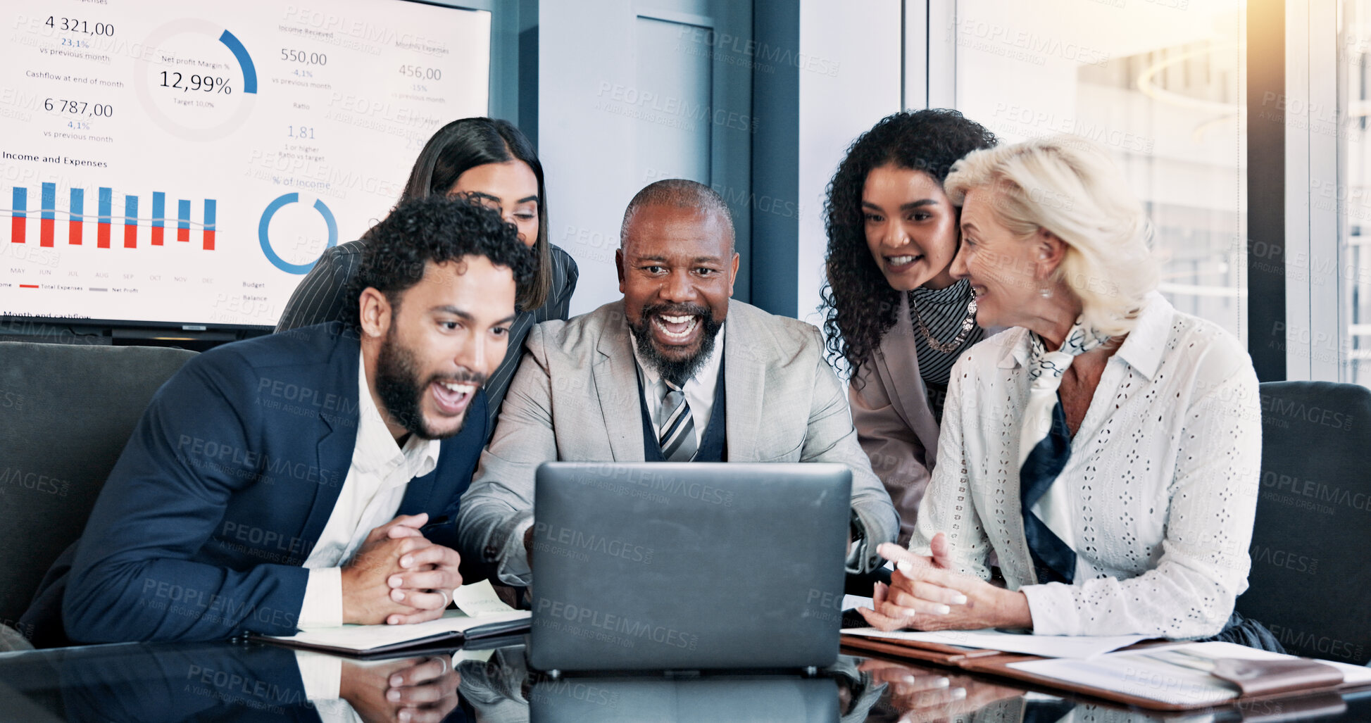 Buy stock photo Business people, laptop and meeting with wow for company performance, report or review at office. Excited group, applause and celebration with graph, chart or project statistics for finance success