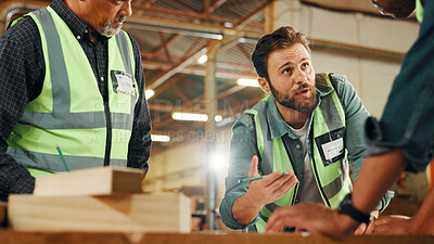 Buy stock photo Collaboration, meeting and woodwork with carpenter men in workshop for manufacturing or production. Carpentry, construction and planning with group of professional contractors at work for renovation
