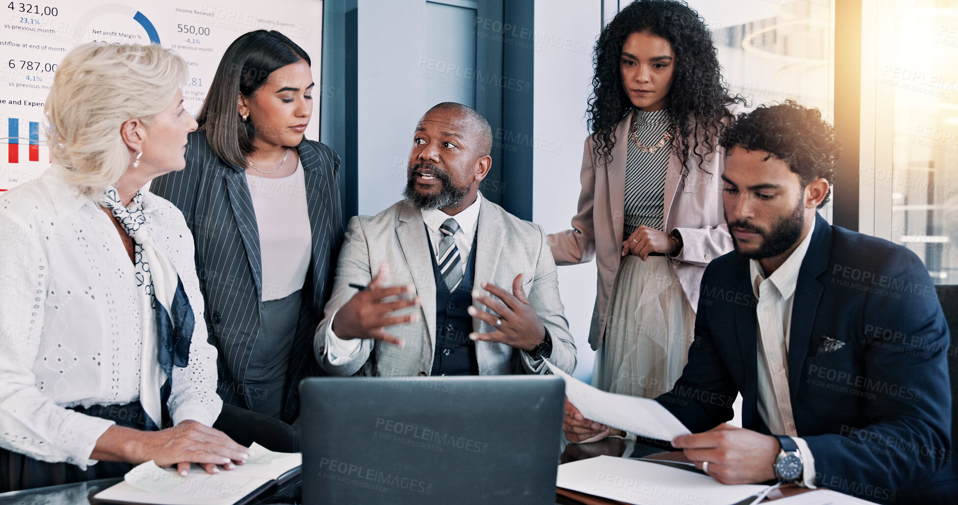 Buy stock photo Business people, laptop and meeting with strategy for company performance, report or review at office. Group, paperwork or analytics with graph, chart or project statistics for finance at workplace