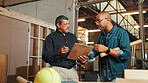 Clipboard, teamwork or people in carpentry workshop for factory, check inventory or furniture production. Woodworking, carpenter or project progress update for timber, lumber or construction business