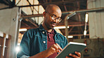 Carpentry, online and man with tablet in workshop for inventory management, client order or quality assurance. Manufacturing, black person and digital checklist for lumber production and web planning