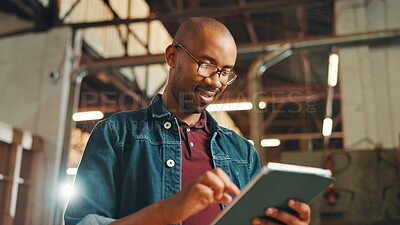 Buy stock photo Carpentry, online and man with tablet in workshop for inventory management, client order or quality assurance. Manufacturing, black person and digital checklist for lumber production and web planning