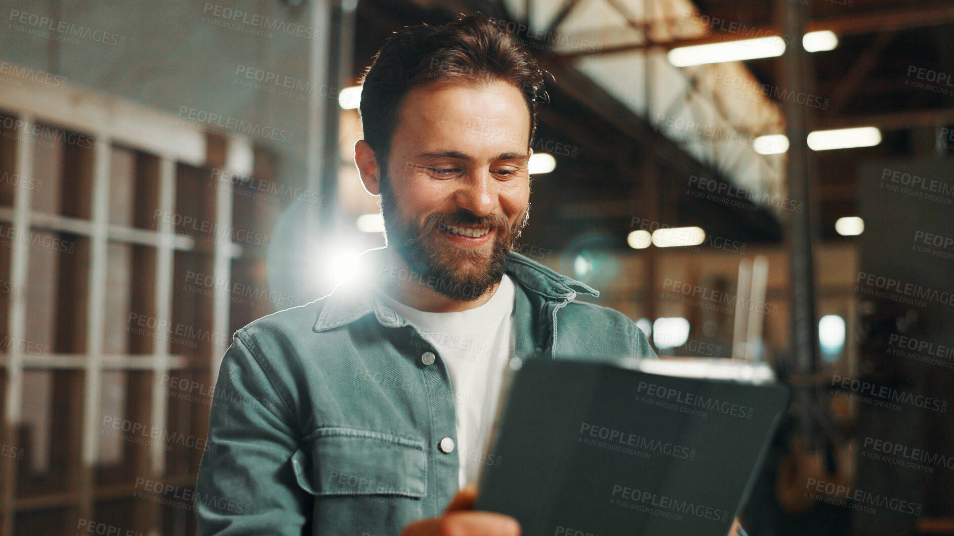 Buy stock photo Smile, man and carpenter with tablet for woodwork, manufacturing and furniture production. Carpentry, person or digital technology in workshop for construction, building or check inventory in factory