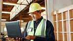 Carpentry, research and man on laptop in workshop for woodworking, furniture restoration and lumber business. Construction, factory and person on computer for planning, timber renovation or inventory