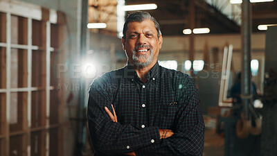 Buy stock photo Happy, carpenter and man with arms crossed, workshop and  confident for career growth in business. Manufacturing, entrepreneur and mature person with smile for startup, portrait and wooden furniture