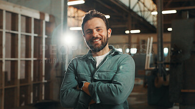 Buy stock photo Portrait, carpenter and man with arms crossed, business and confident for career growth in warehouse. Manufacturing, entrepreneur and person with smile for startup, production and wooden furniture