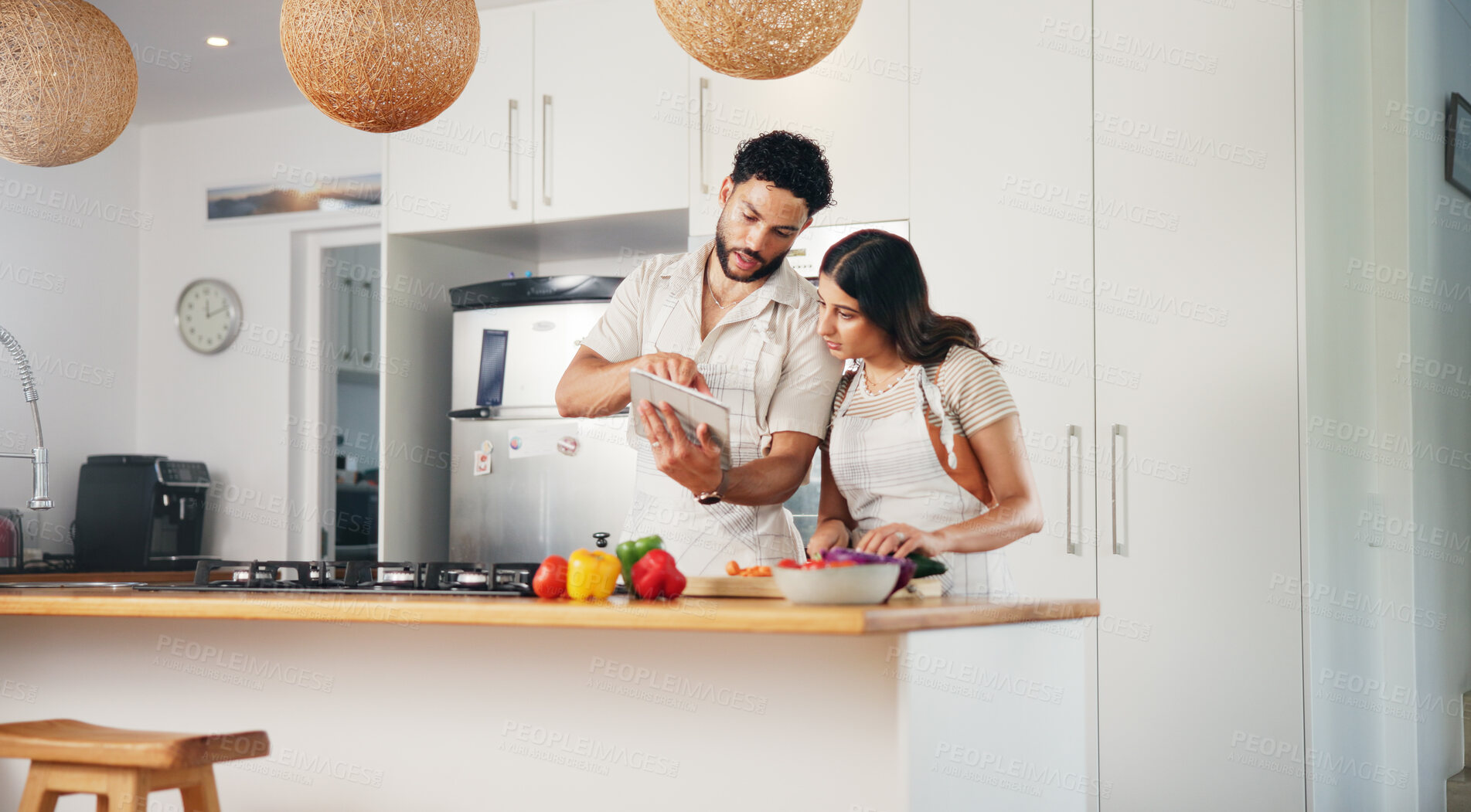 Buy stock photo Couple, vegetables or cooking with tablet in home for online recipe, video instructions or reading tutorial. People, food blog or meal prep for healthy dinner, internet guidance or support in kitchen