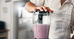 Hands, home and man with blender for smoothie, health and apron with diet plan. Closeup, apartment and person in kitchen, machine and nutrition drink with organic ingredients and milkshake process