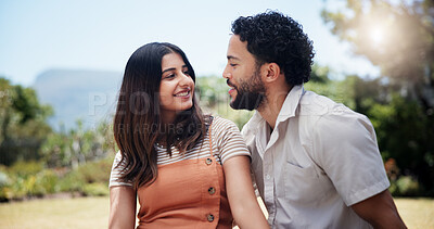 Buy stock photo Couple, happy and relax in nature for date, love and outdoor for anniversary picnic. Man, woman and smile in park for healthy relationship, bonding and support on weekend with commitment in marriage