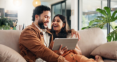 Buy stock photo Home, funny and couple on couch, tablet and conversation with joke, bonding together and connection. People, laughing and man with woman, tech and romance with entertainment, humor and relationship