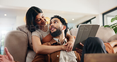 Buy stock photo Couple, relax and talking with tablet on sofa for online shopping, social media scroll and bonding together. People, smile and digital app in home for web research, streaming service and low angle