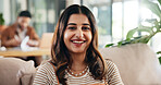 Happy, relax and portrait of woman on sofa for calm, peace and smile in living room for weekend. Mindfulness, chill and face of female person from Canada on couch in lounge for vacation or holiday.