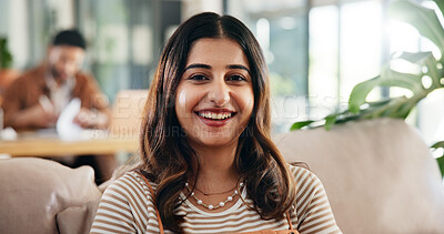 Buy stock photo Happy, relax and portrait of woman on sofa for calm, peace and smile in living room for weekend. Mindfulness, chill and face of female person from Canada on couch in lounge for vacation or holiday.