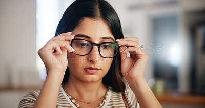 Buy stock photo Home, glasses and woman in lounge, clear vision and spectacles for sight. Apartment, person and girl with eyewear, positivity and optometry with prescription, care and protection with lenses