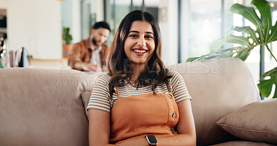 Buy stock photo Relax, happy and woman in house, portrait and chilling on weekend in living room, calm and comfortable. Home, smile and resting on couch in lounge, break and people in apartment, peaceful or morning
