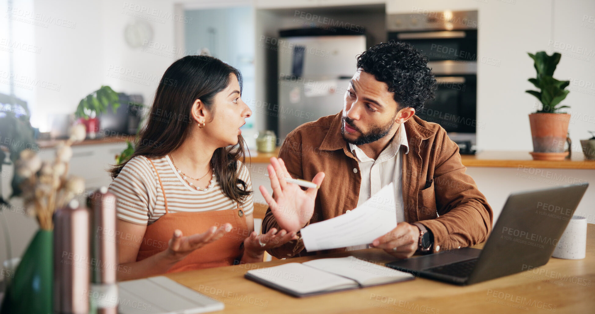 Buy stock photo Finance, laptop and couple fight in home with paperwork for argument, budget and stress for debt. Document, man and woman in conflict for bills, tax expenses and bankruptcy crisis with payment fail