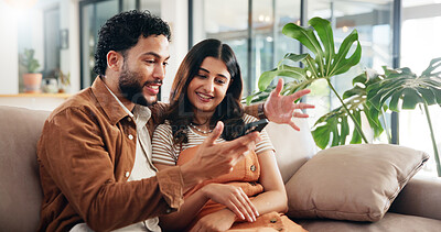 Buy stock photo Home, relax or couple on sofa, smartphone or excited with social media, internet or relationship. Digital app, man or woman on couch, cellphone or email notification with message, texting or marriage