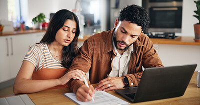Buy stock photo Insurance contract, signature and couple in home for financial application, mortgage and loan form. Document, man and woman sign agreement for policy premium, lease and help with planning on laptop
