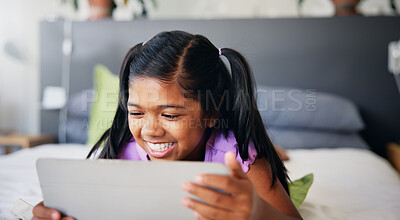 Buy stock photo Home, bedroom and girl with tablet, relax and internet with weekend break, online games and entertainment. Apartment, kid and childhood with tech, subscription and digital app to read ebook and smile