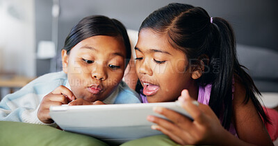 Buy stock photo Relax, tablet and online with children in bedroom for streaming service, movie subscription and film. Happy, cartoon and entertainment with kids at home for media app, digital and bonding together