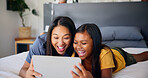 Funny, tablet and mother with daughter in bedroom for streaming service, movie subscription and comedy. Happy, cartoon and entertainment with woman and child at home for app, digital and bonding