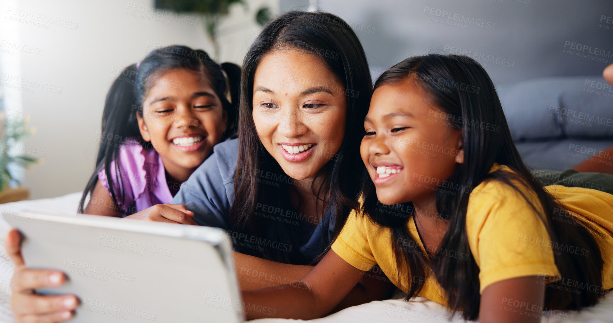 Buy stock photo Selfie, smile and mother with kids in bedroom for picture, social media and family. Photography post, happiness and relax with woman and children in home for bonding, love and memory together