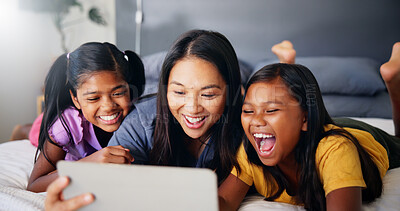 Buy stock photo Mother, kids and laugh with phone in bedroom on social media, watching cartoon and streaming service. Happy, family and mobile on internet for funny videos, bonding together and subscription at house